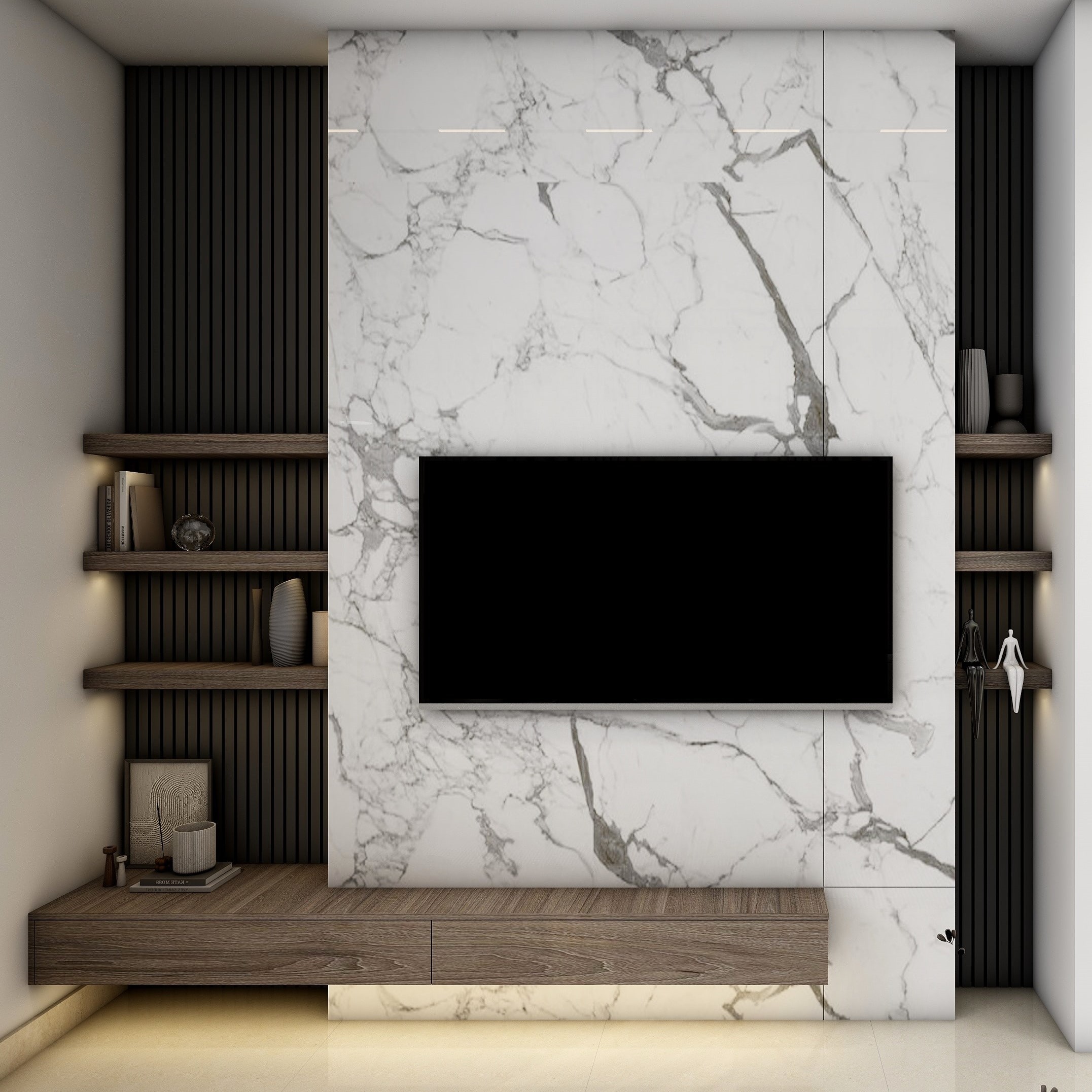 modern tv unit design in living room with marble