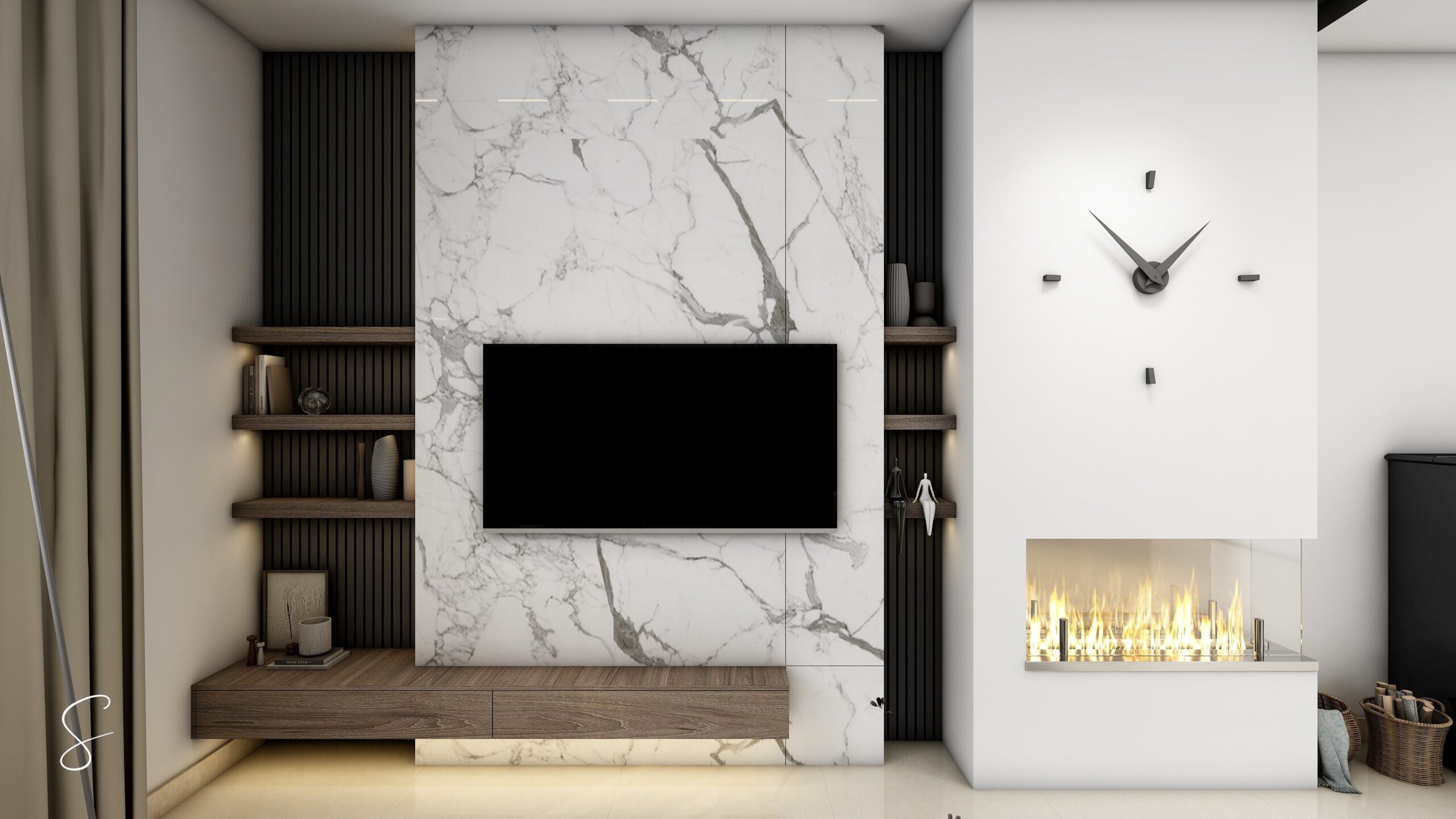 modern tv unit design in living room with marble