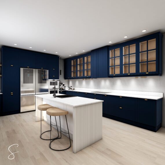 Country Kitchen in blue with white Island